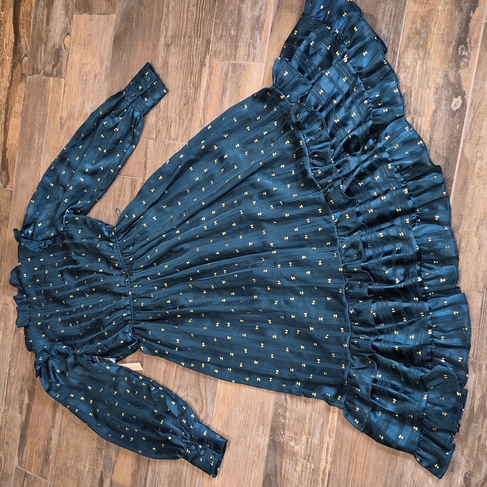 Aqua Ruffle Trim Clip Dot Long Sleeve Midi Wrap Dress, Teal Green & Gold, XS - Picture 6 of 16